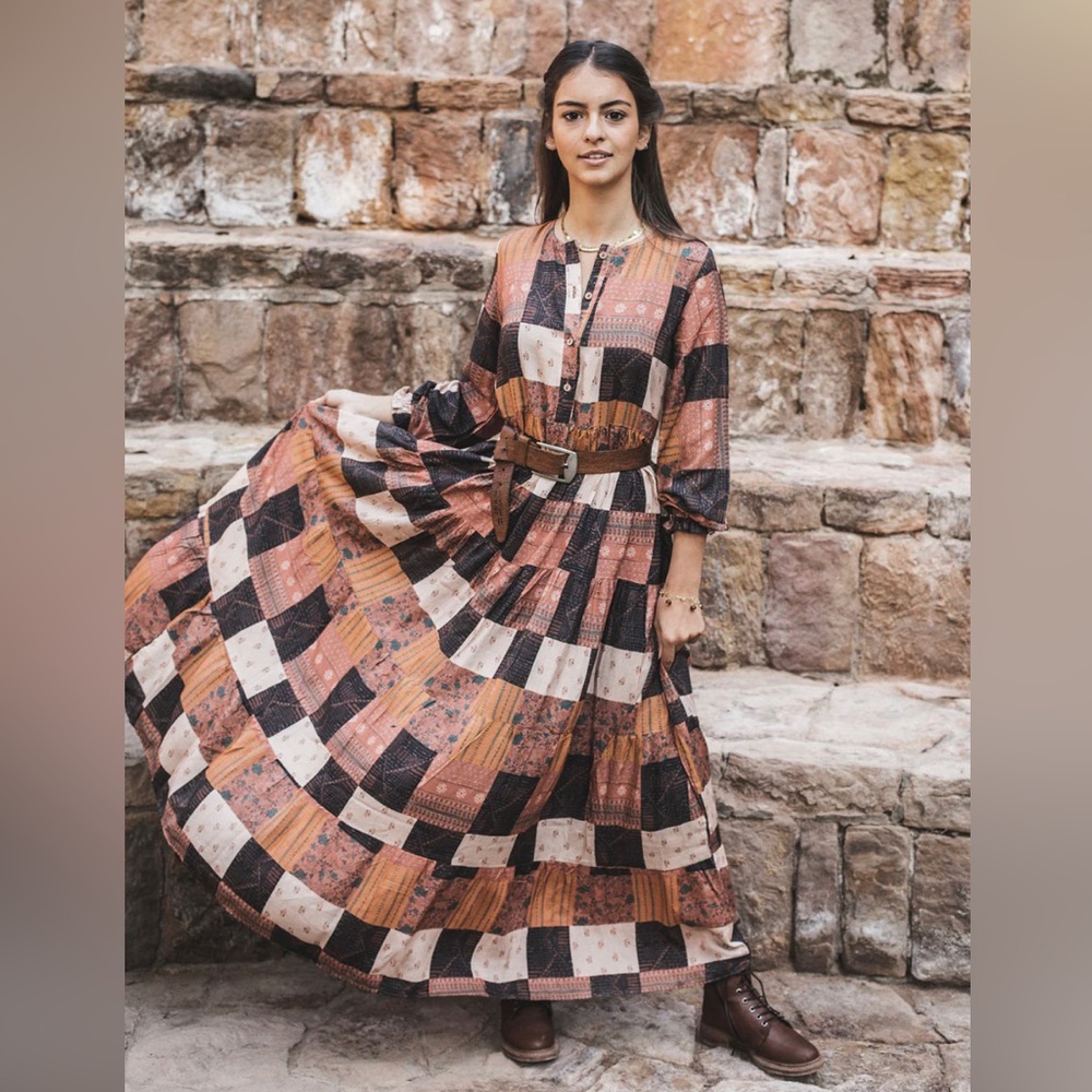 Fufa sustainable Egyptian lightweight printed cotton tiered maxi dress